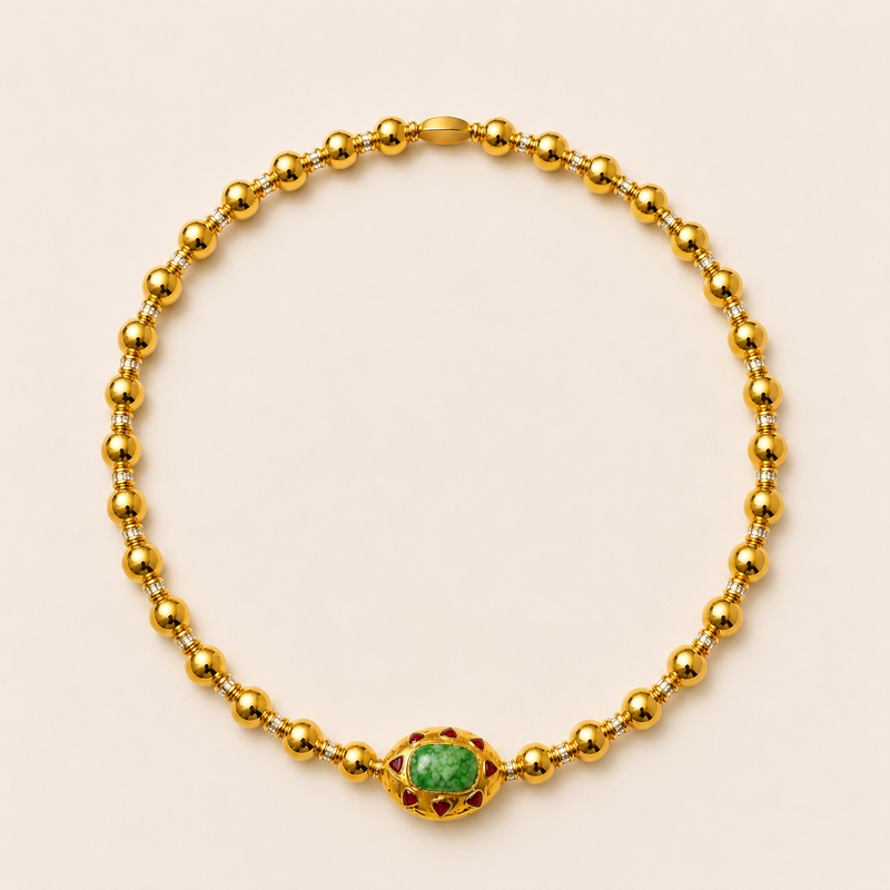 Collier Le Soleil de Rubis, breloque solaire jaspe vert et rubis, RENN Paris